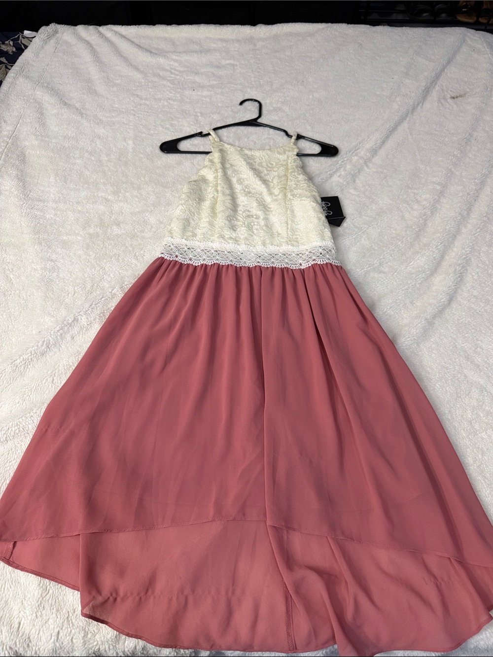by & by Ivory Lace Bodice Dusty Rose Skirt Formal Dress